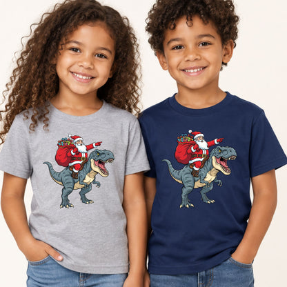 Santa Riding T-Rex Christmas T-Shirt, Funny Dinosaur Xmas Graphic Kids Tee