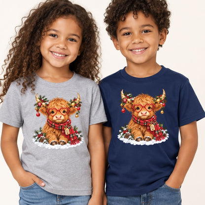 Christmas Highland Cow T-Shirt, Heart Glasses and Scarf Graphic Tee, Cute Holiday Shirt