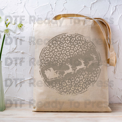 Christmas DTF Transfer, Santa Sleigh and Reindeer, Leopard Print Circle Graphic