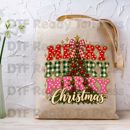 Merry Merry Christmas Tree DTF Transfers, Plaid Polka Dot Pink Holiday Ready to Press