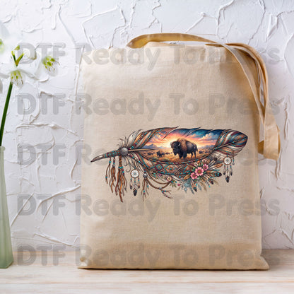 Western Buffalo Feather DTF Transfers, Dreamcatcher Boho Bison Tribal Sunset Ready to Press