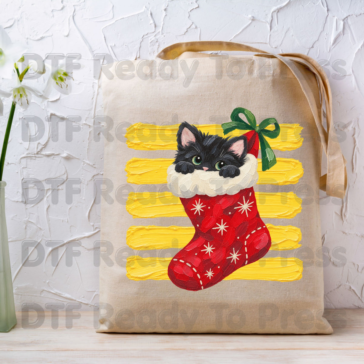 Christmas Black Cat DTF Transfers, Stocking Cute Kitten Holiday Ready to Press