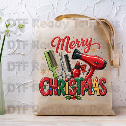 Merry Christmas Hairstylist DTF Transfers, Salon Scissors Dryer Comb Holiday Ready to Press