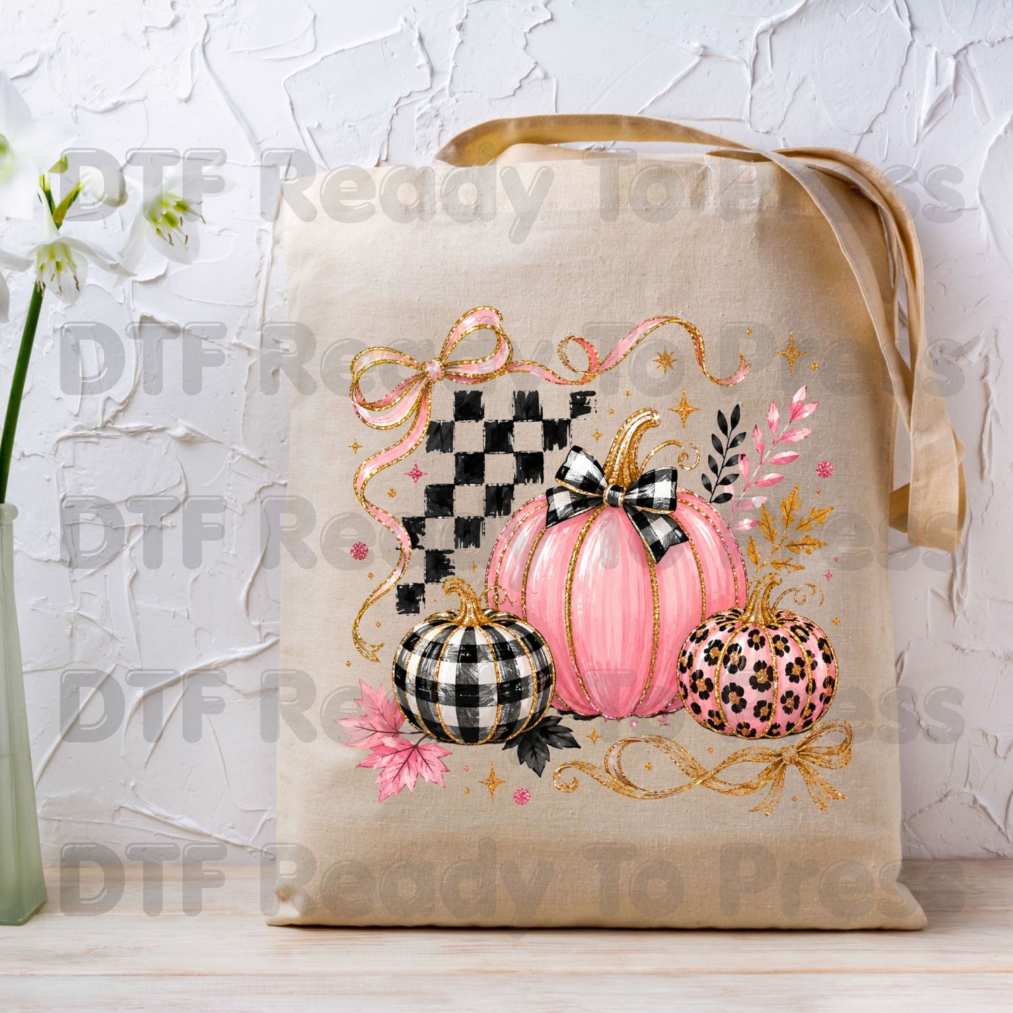 Pink Coquette Fall Pumpkin DTF Transfers, Leopard Plaid Ribbon Bow Checkered Autumn Ready to Press