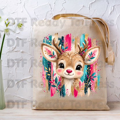 Cute Christmas Reindeer DTF Transfers, Colorful Floral Antlers Pink Teal Gold Holiday Ready to Press.