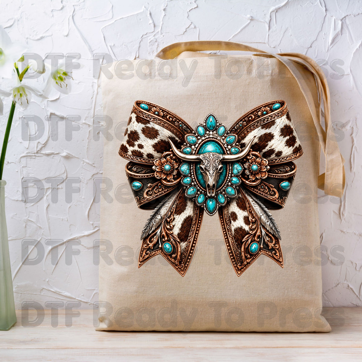 Western Bow DTF Transfers, Turquoise Longhorn Skull Cowhide Coquette Bow Cowgirl Ready to Press