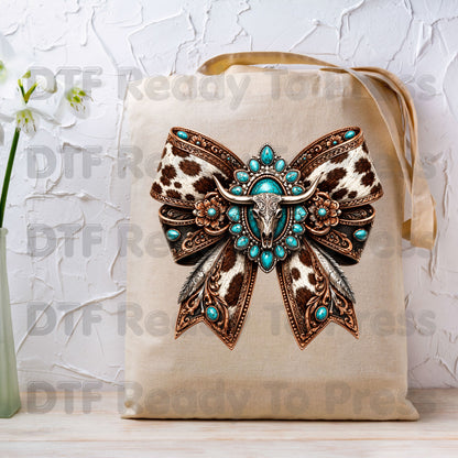 Western Bow DTF Transfers, Turquoise Longhorn Skull Cowhide Coquette Bow Cowgirl Ready to Press