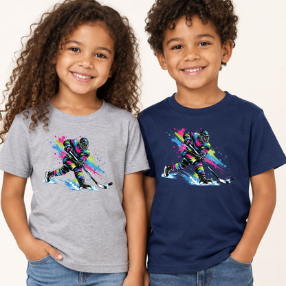 Hockey T-Shirt, Colorful Ice Hockey Player with Paint Splatter Graphic Tee, Ice Hockey Sports Shirt