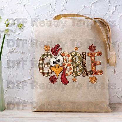 Thanksgiving DTF Transfer, Gobble Turkey Face, Plaid Leopard