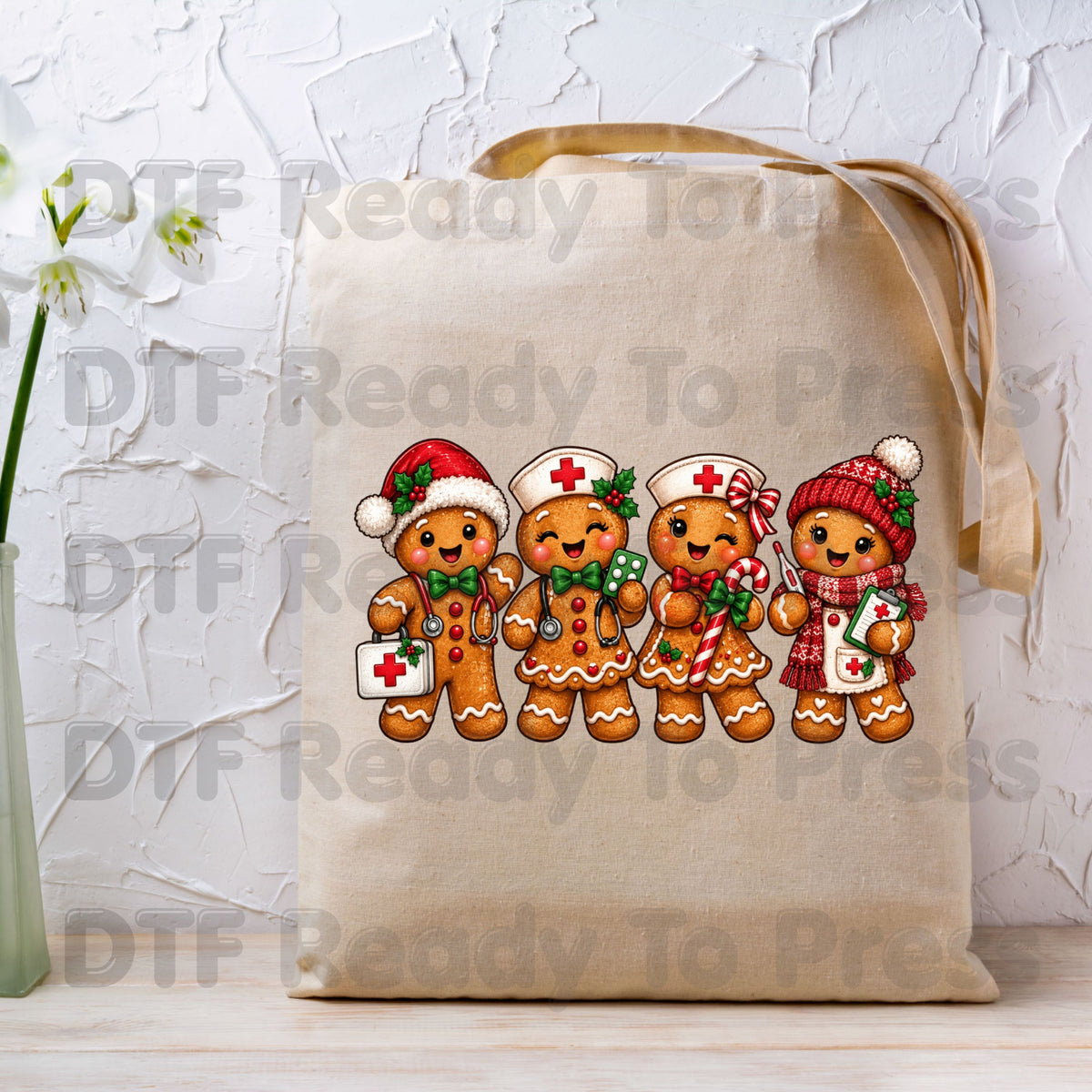 Christmas Gingerbread Nurse Team DTF Transfers, Medical Nursing Stethoscope Holiday Ready to Press