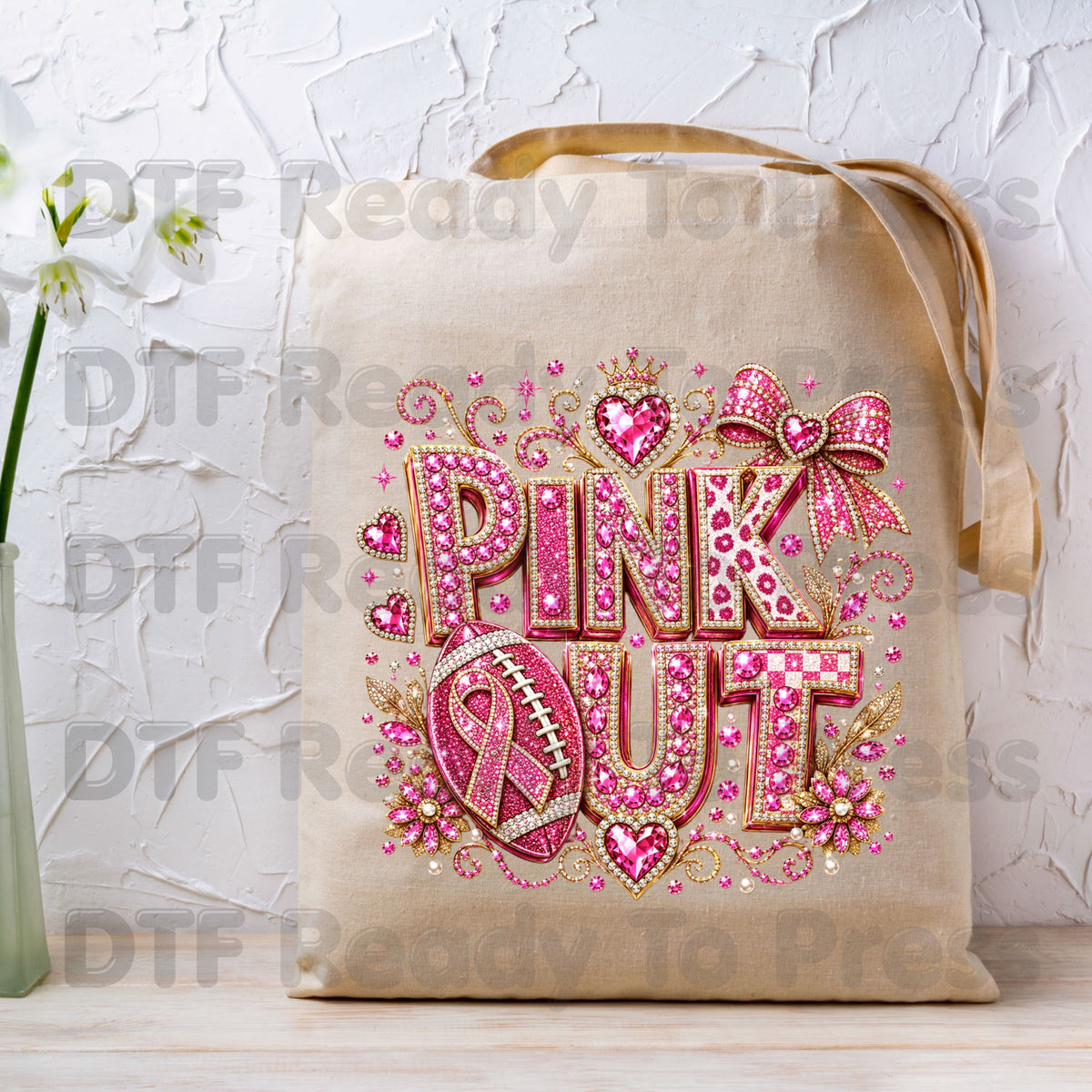 Pink Out DTF Transfers, Breast Cancer Awareness Glitter Football Pink Diamond Ribbon Crown Ready to Press