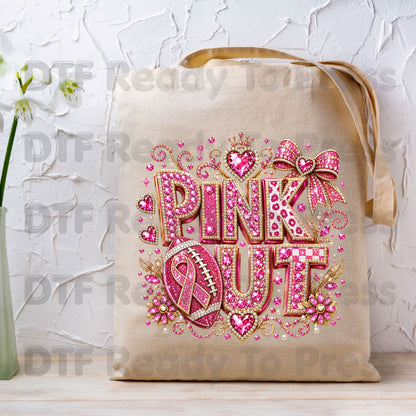 Pink Out DTF Transfers, Breast Cancer Awareness Glitter Football Pink Diamond Ribbon Crown Ready to Press