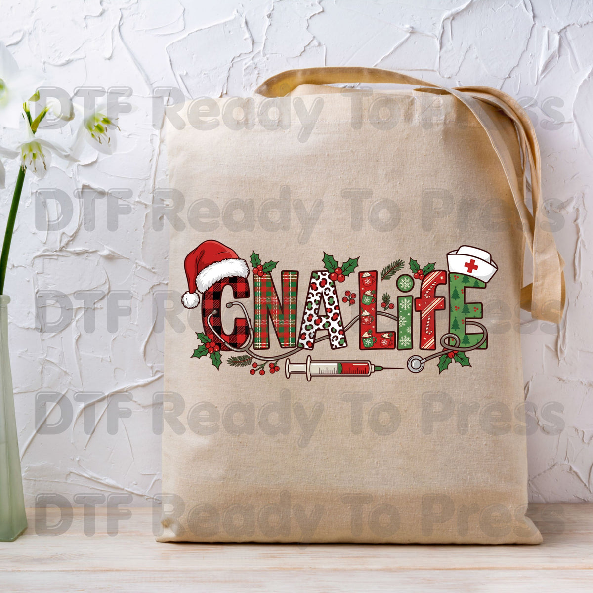 Christmas CNA Life Leopard Plaid DTF Transfers, Medical Nursing Syringe Holiday Ready to Press