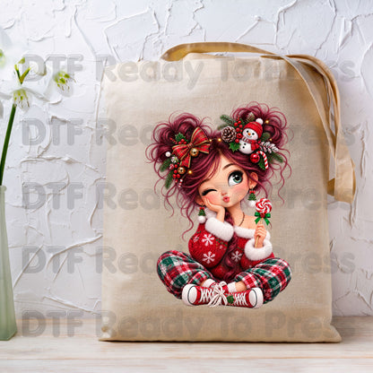 Christmas Girl DTF Transfers, Messy Bun Lollipop Cute Holiday Ready to Press