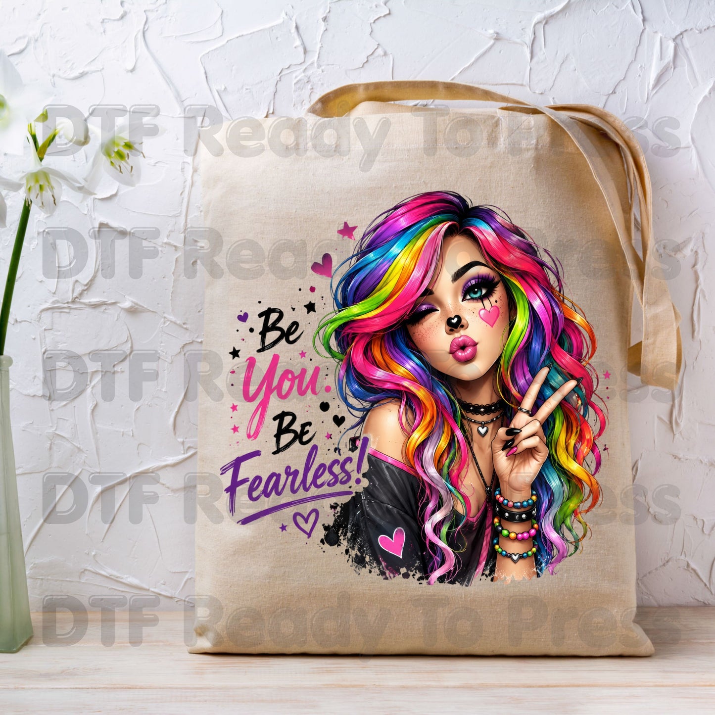 Be You Be Fearless DTF Transfers, Rainbow Hair Girl Colorful Girl Power Ready to Press