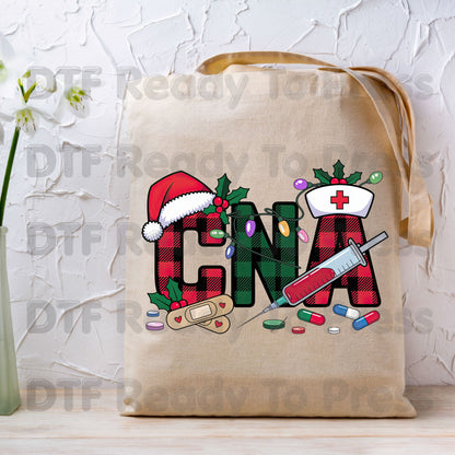 Christmas CNA Plaid DTF Transfers, Medical Nursing Syringe Holiday Lights Ready to Press