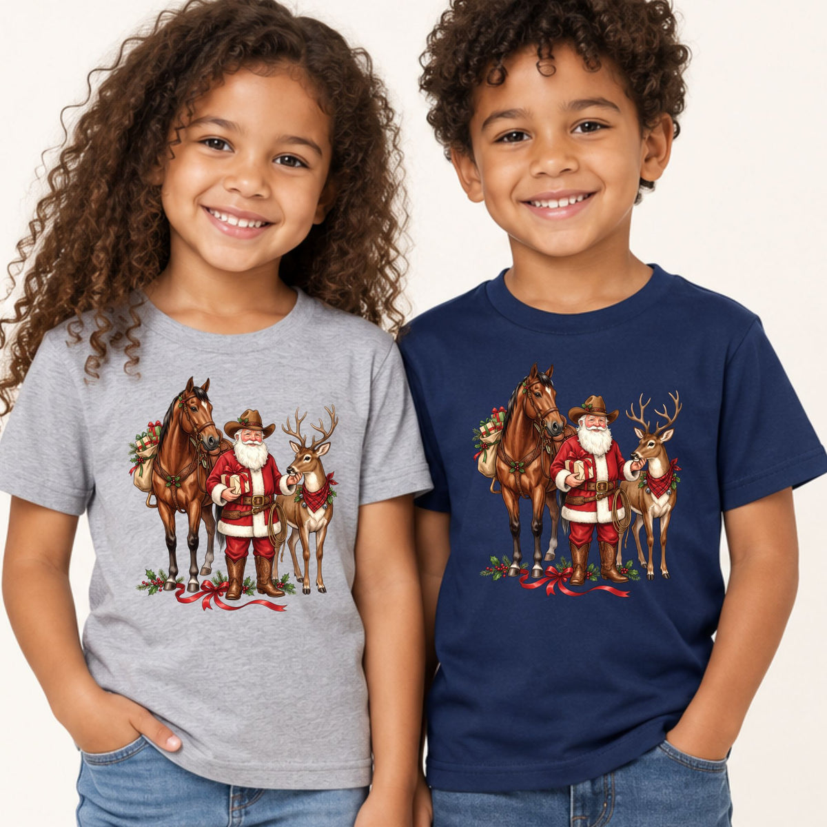 Cowboy Santa Christmas T-Shirt, Western Santa with Horse and Reindeer Graphic Tee, Country Holiday Shirt