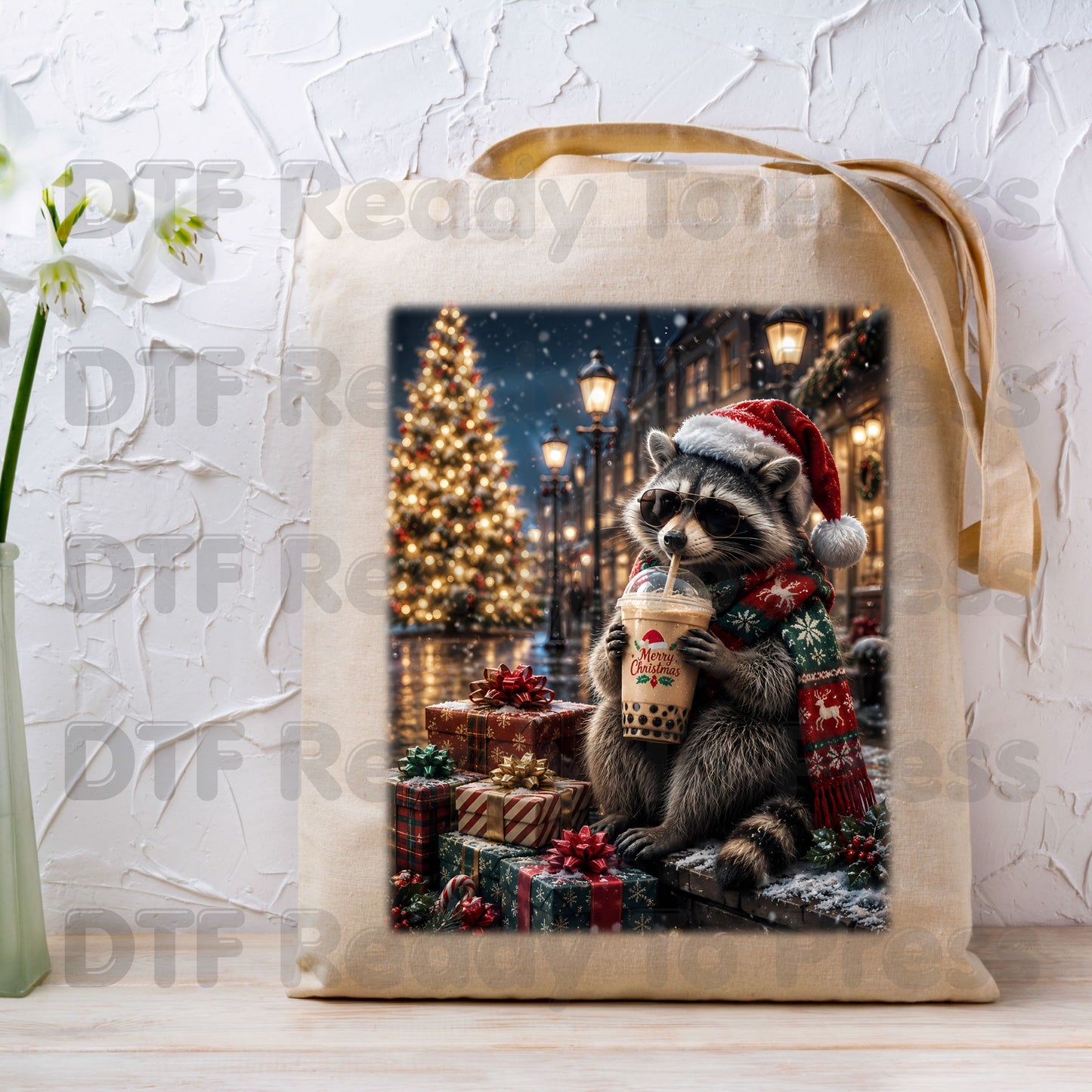 Christmas Raccoon DTF Transfers, Santa Hat Coffee Drink Cute Holiday Winter Ready to Press