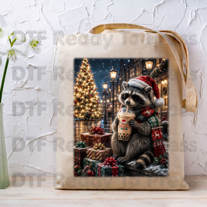 Christmas Raccoon DTF Transfers, Santa Hat Coffee Drink Cute Holiday Winter Ready to Press