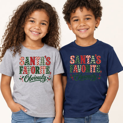Santa’s Favorite T-Shirt, Funny Christmas Plaid Lettering and Holly Graphic Tee, Holiday Shirt