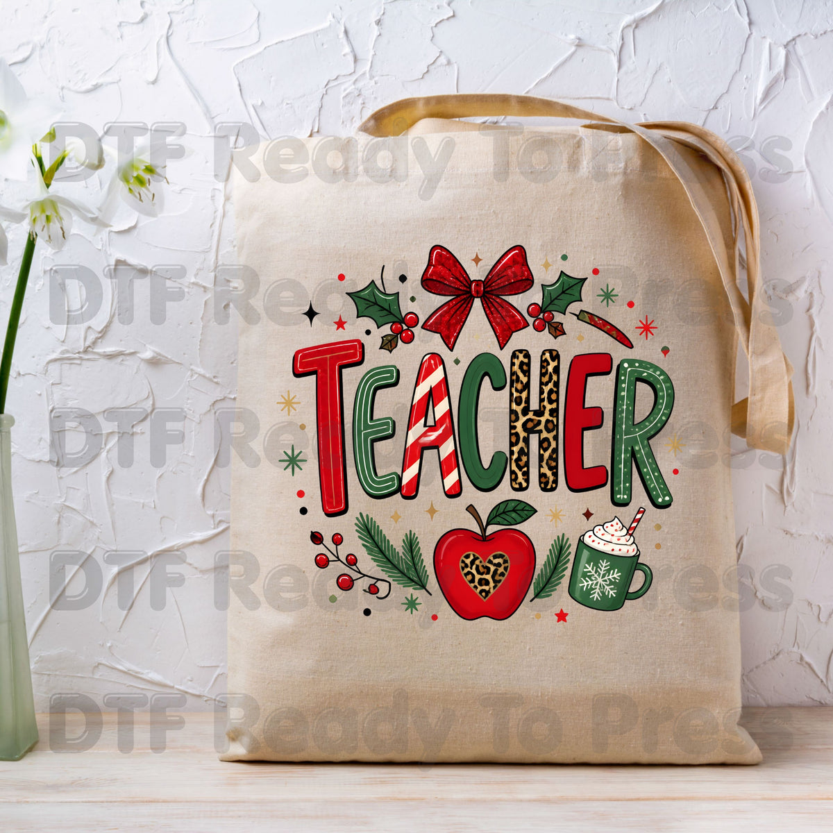Christmas Teacher DTF Transfers, School Red Bow Apple Cocoa Leopard Holiday Ready to Press