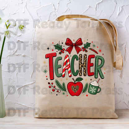 Christmas Teacher DTF Transfers, School Red Bow Apple Cocoa Leopard Holiday Ready to Press