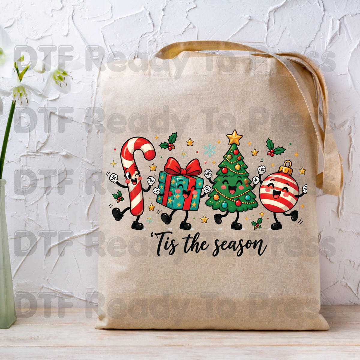 Christmas DTF Transfer, Tis the Season Cute Characters, Candy Cane and Gift Ornaments