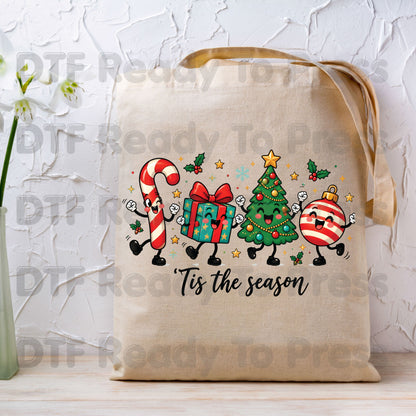 Christmas DTF Transfer, Tis the Season Cute Characters, Candy Cane and Gift Ornaments