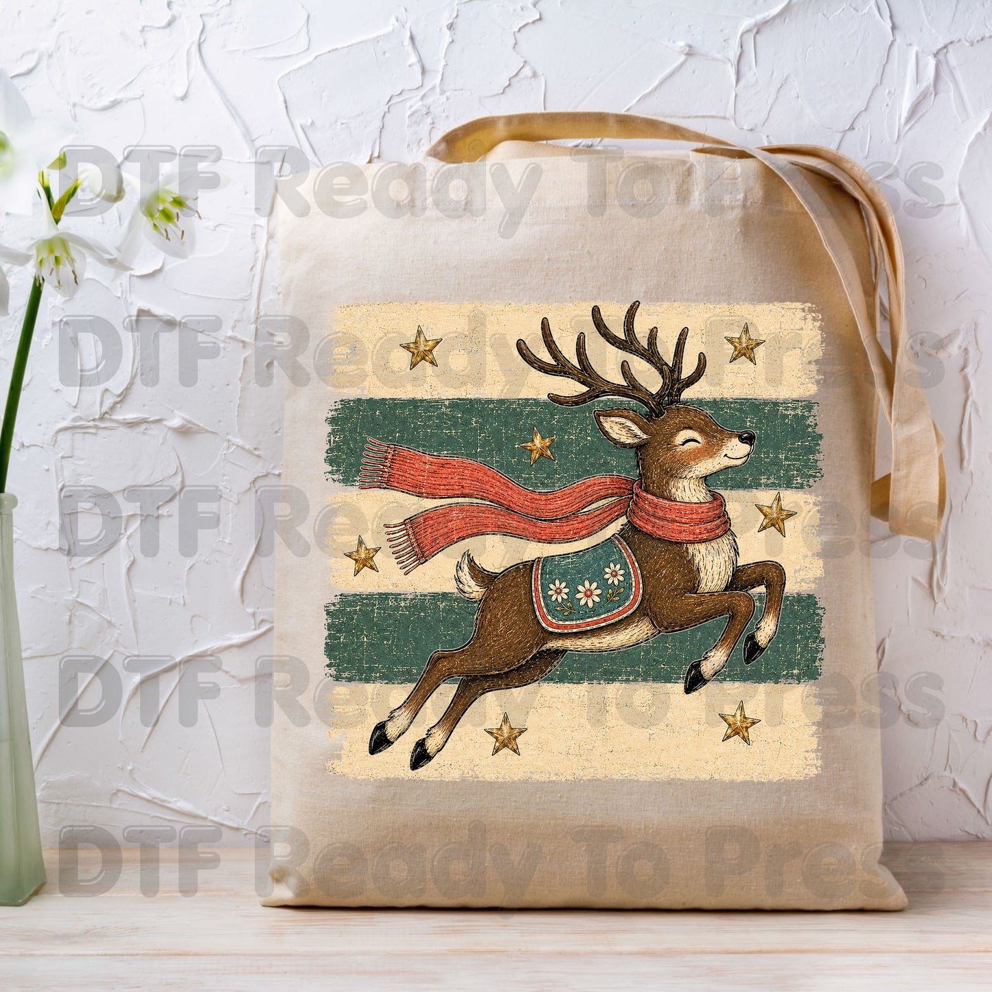 Vintage Christmas Reindeer DTF Transfers, Flying Reindeer Scarf Retro Winter Ready to Press
