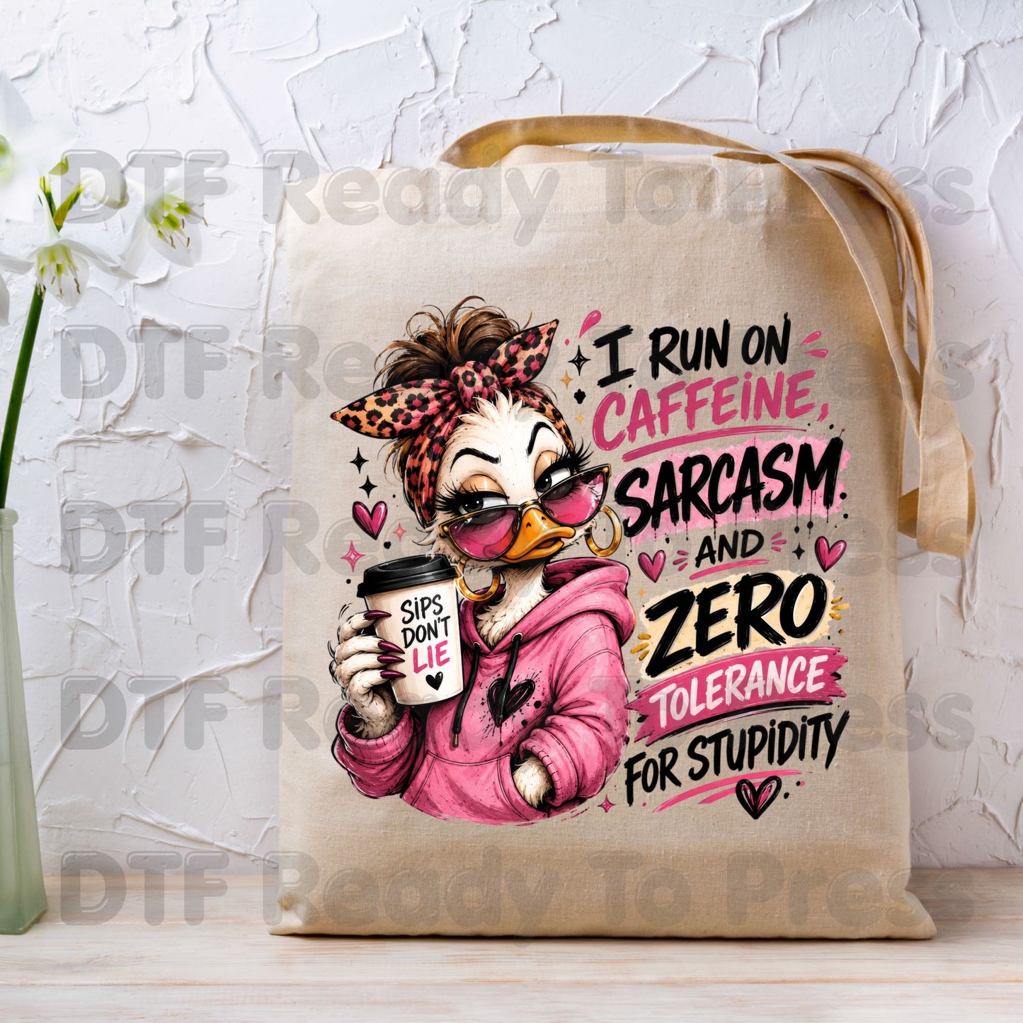 Funny Duck Caffeine DTF Transfers, I Run on Caffeine Sarcasm Coffee Messy Bun Leopard Bow Women Ready to Press