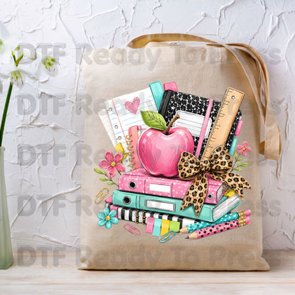 Pink Apple School Supplies DTF Transfers, Books Leopard Bow Back to School Teacher Student Ready to Press