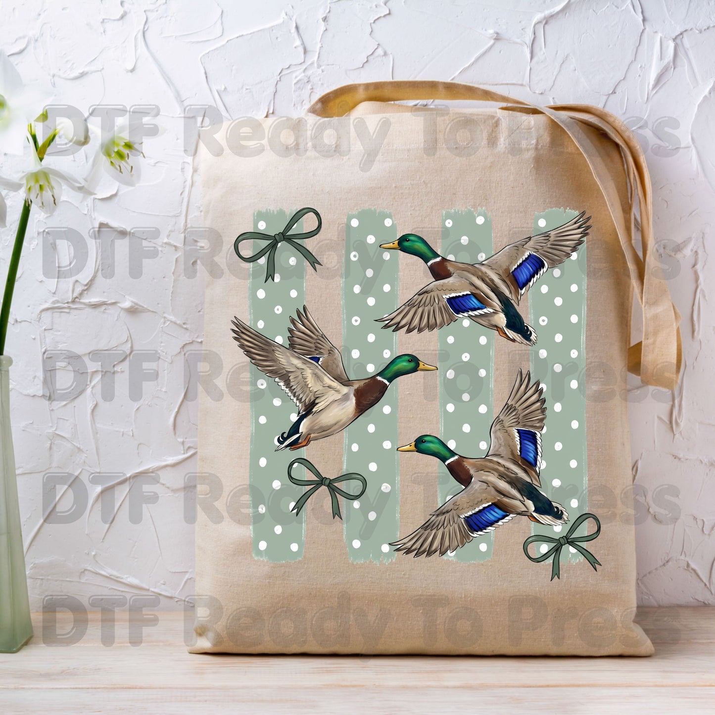 Flying Mallard Ducks DTF Transfers, Vintage Mallard Green Bows Polka Dot Coquette Hunting Ready to Press