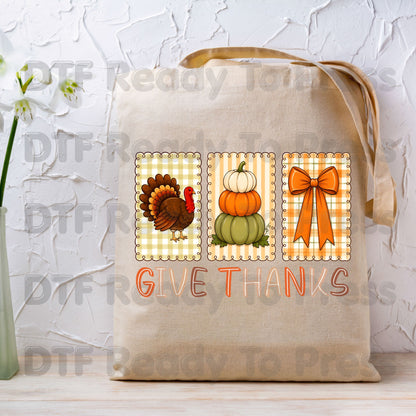 Thanksgiving DTF Transfer Ready to Press Give Thanks Turkey Stacked Pumpkins Coquette Bow Heat Transfer Shirts Autumn Clothing