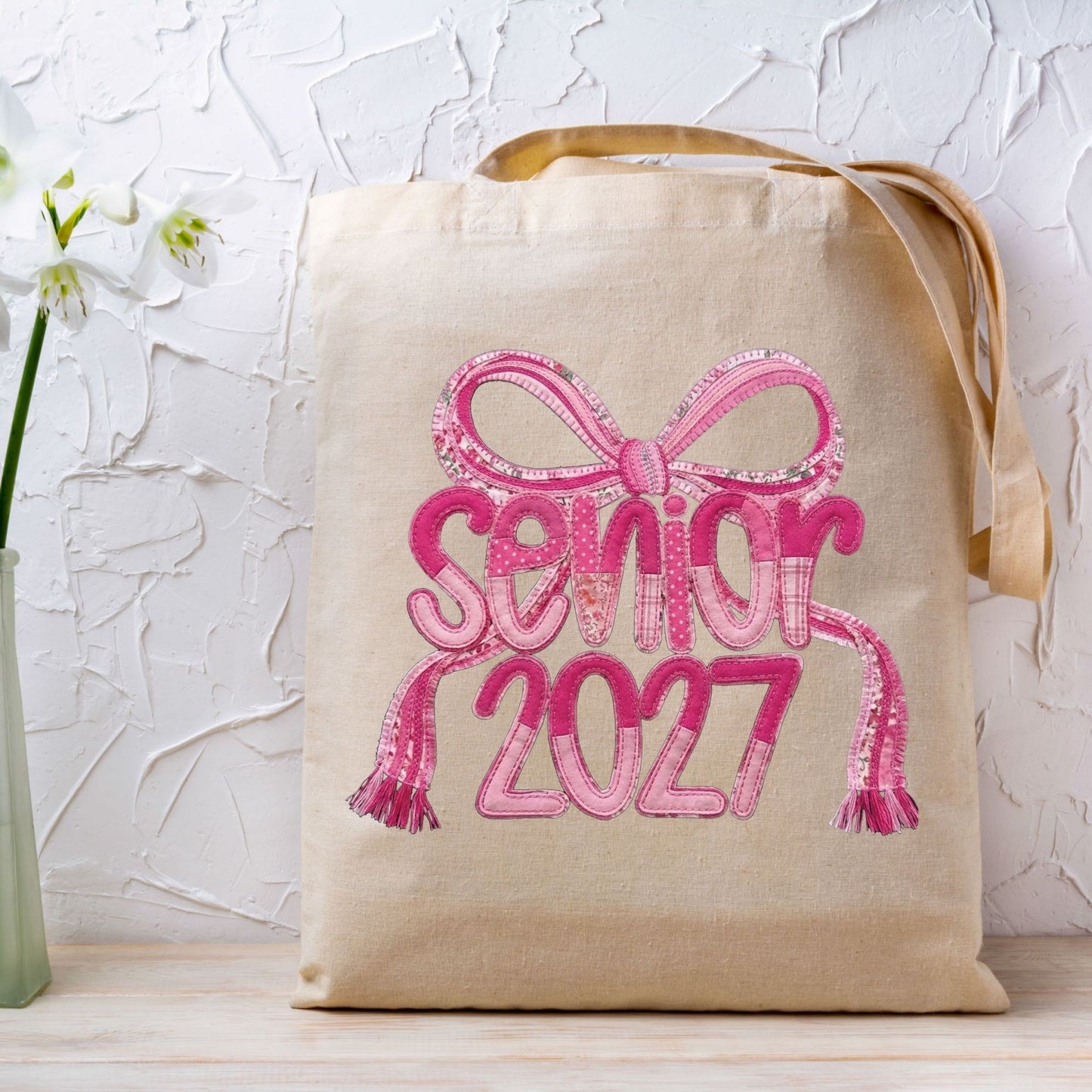 Senior 2027 DTF Transfer Ready to Press Graduation Heat Transfer for Shirts Pink Quilted Stitch Bow Patch Graphic Tee