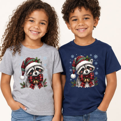 Christmas Raccoon T-Shirt, Santa Hat Buffalo Plaid Bow and Bells Tee, Festive Holiday Sweatshirt