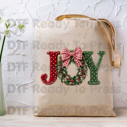 Joy Christmas DTF Transfers, Wreath Plaid Bow Polka Dot Letters Festive Holiday Ready to Press
