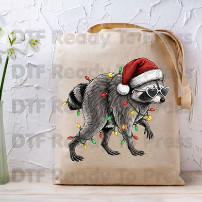 Christmas Raccoon DTF Transfers, Santa Hat Trash Panda Holiday Lights Ready to Press