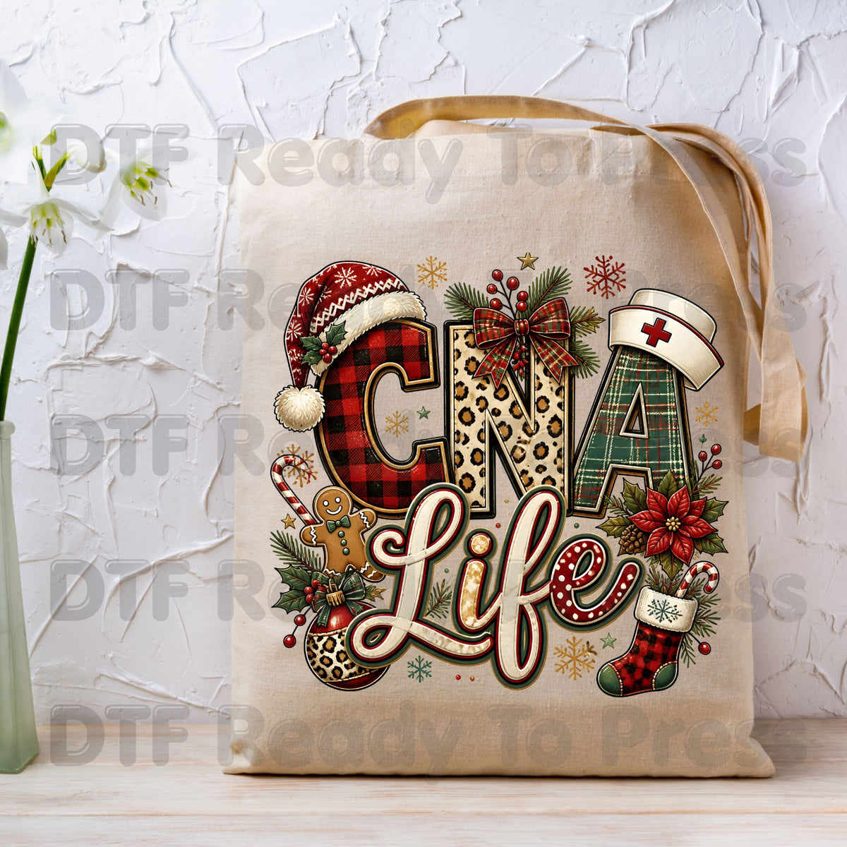 Christmas CNA Life DTF Transfers, Holiday Nurse Hat Plaid Leopard Medical Graphic Ready to Press