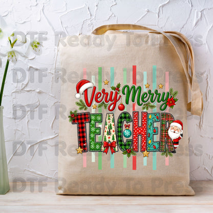 Very Merry Teacher DTF Transfers, Christmas School Plaid Santa Striped Graphic Ready to Press