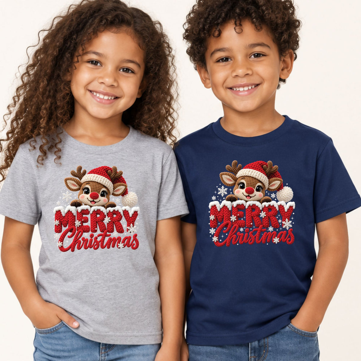 Cute Reindeer Christmas T-Shirt, Santa Hat Knitted Lettering Tee, Cozy Holiday Sweatshirt