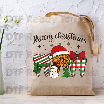 Merry Christmas Dental Teeth DTF Transfers, Dentist Holiday Leopard Plaid Dental Ready to Press