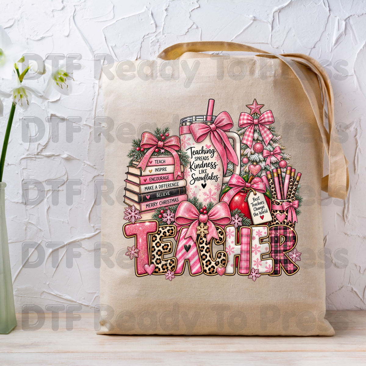 Christmas Pink Teacher Bow DTF Transfers, School Tumbler Leopard Holiday Ready to Press