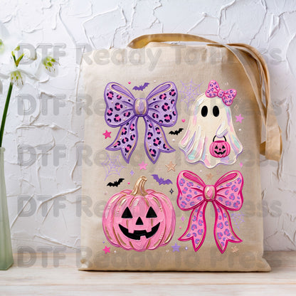 Coquette Halloween Ghost DTF Transfers, Pink Pumpkin Leopard Bow Spooky Cute Ready to Press