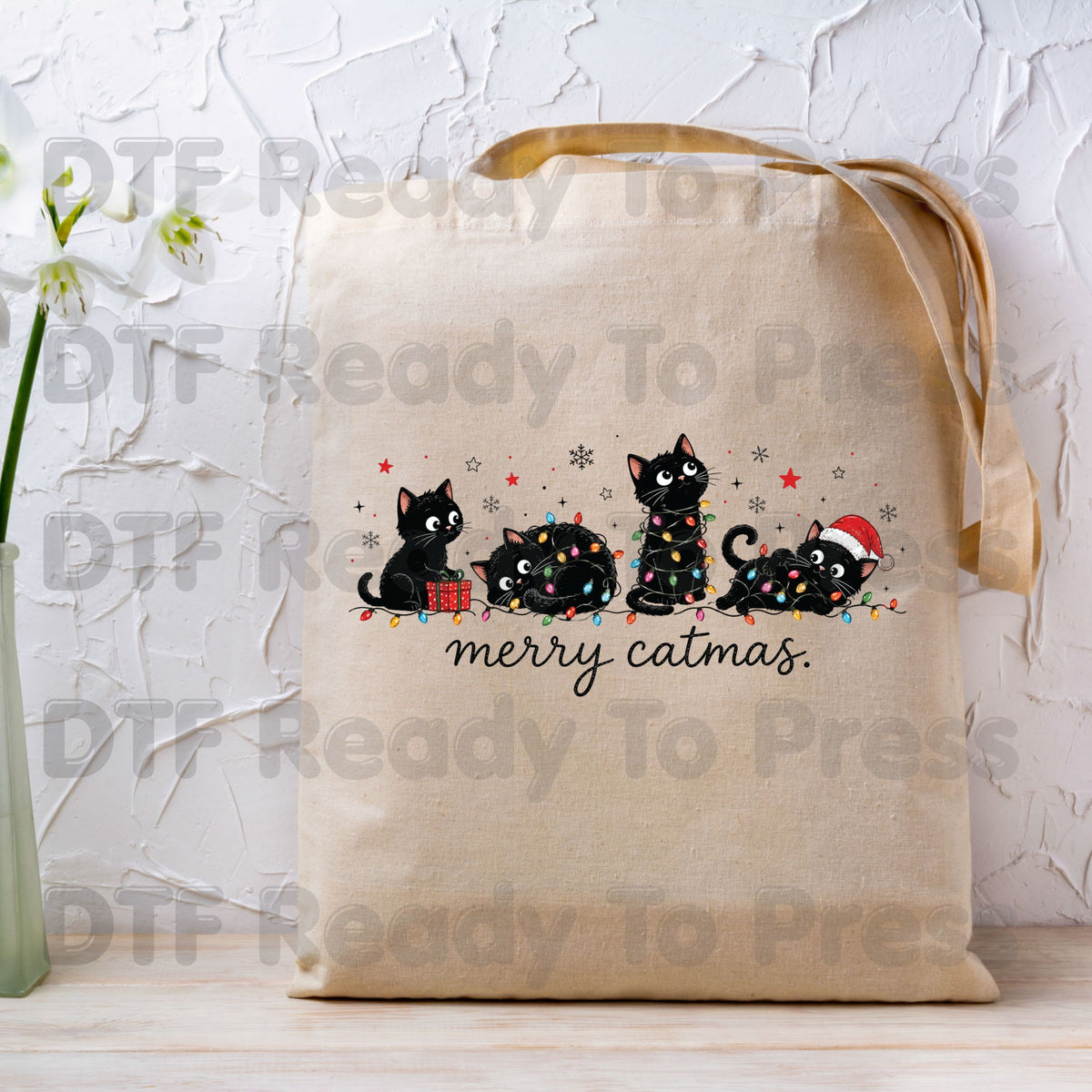 Christmas Cat DTF Transfer, Merry Catmas Cute Kittens and Lights