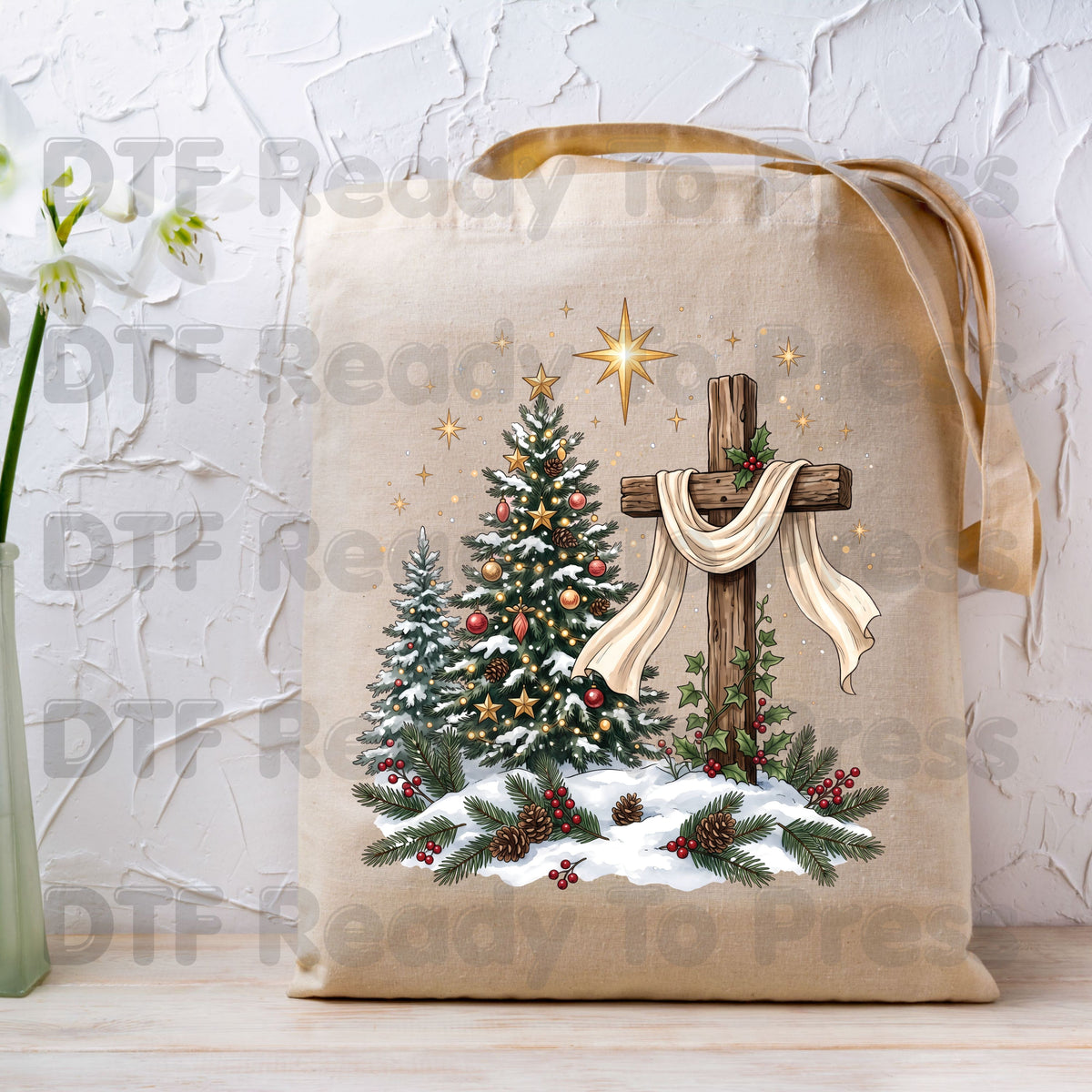 Christmas DTF Transfer, Christian Wooden Cross Star Christmas Tree Graphic
