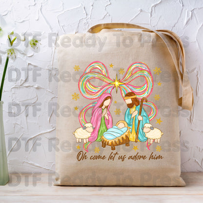 Christian Nativity Oh Come Let Us Adore Him DTF Transfer Ready to Press Nativity Scene Heat Transfer For Shirts Colorful Christmas Bow Christian Jesus Print