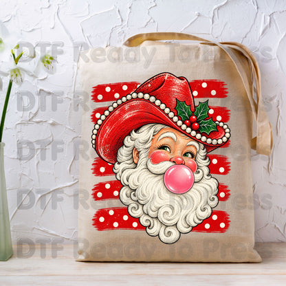 Western Santa DTF Transfers, Christmas Cowboy Hat Bubblegum Pink Vintage Holiday Ready to Press