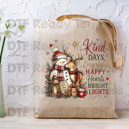 Kind Days Cozy Nights DTF Transfers, Snowman Reindeer Cute Christmas Holiday Ready to Press