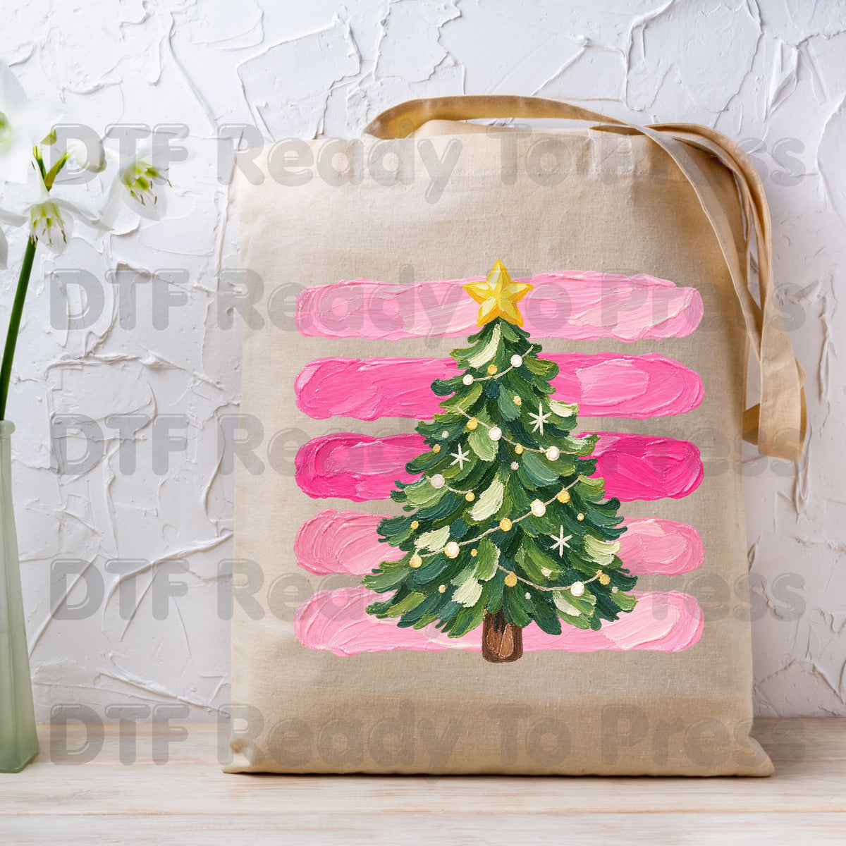 Christmas Tree DTF Transfers, Pink Brush Stripes Background Holiday Ready to Press