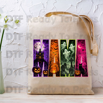 Halloween Mama DTF Transfers, Neon Haunted House Ghost Pumpkin Spooky Ready to Press
